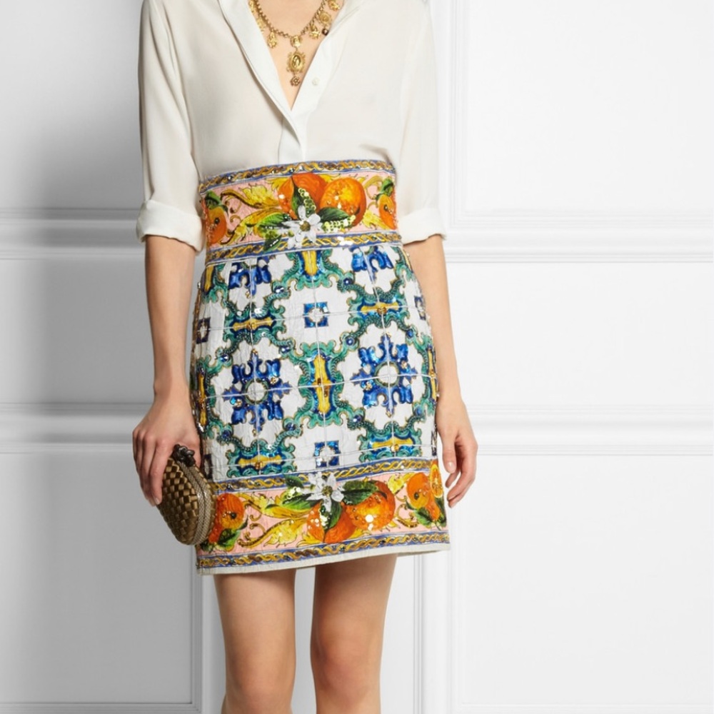 Dolce & Gabbana White Tile-Print Mini Skirt with Orange Floral Bands